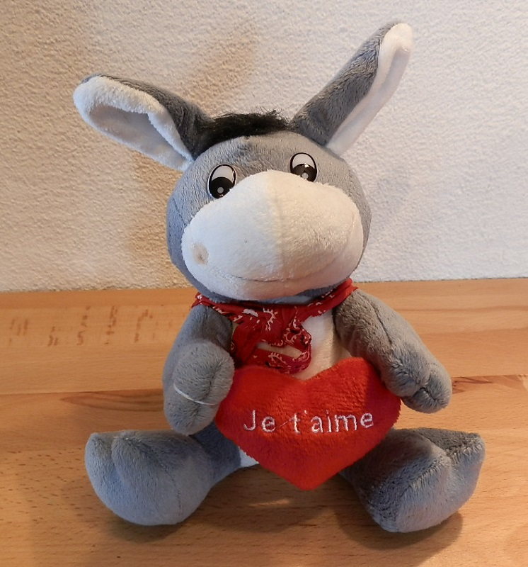 Peluche très mignonne avec un bandana rouge et tenant un coeur rouge avec écrit "Je t'aime"